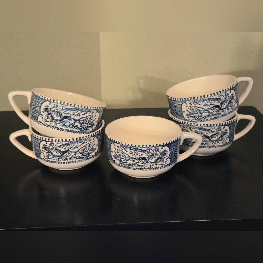 Lot of 5 Vintage Currier & Ives Blue & White Coffee Cup Mug "Star of the Road"